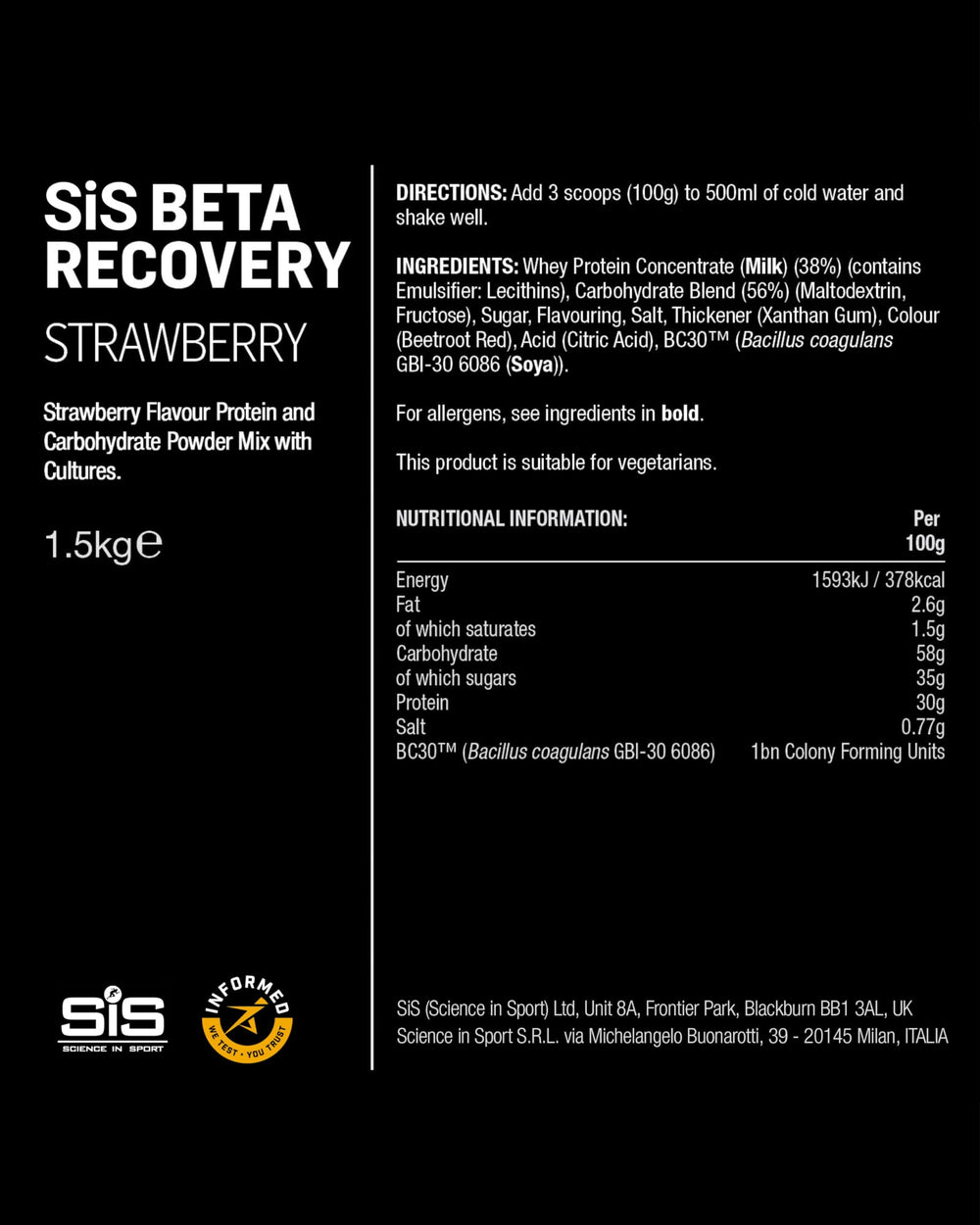 Science in Sport BETA Recovery strawberry flavor bottle label signals clean recovery ingredients.