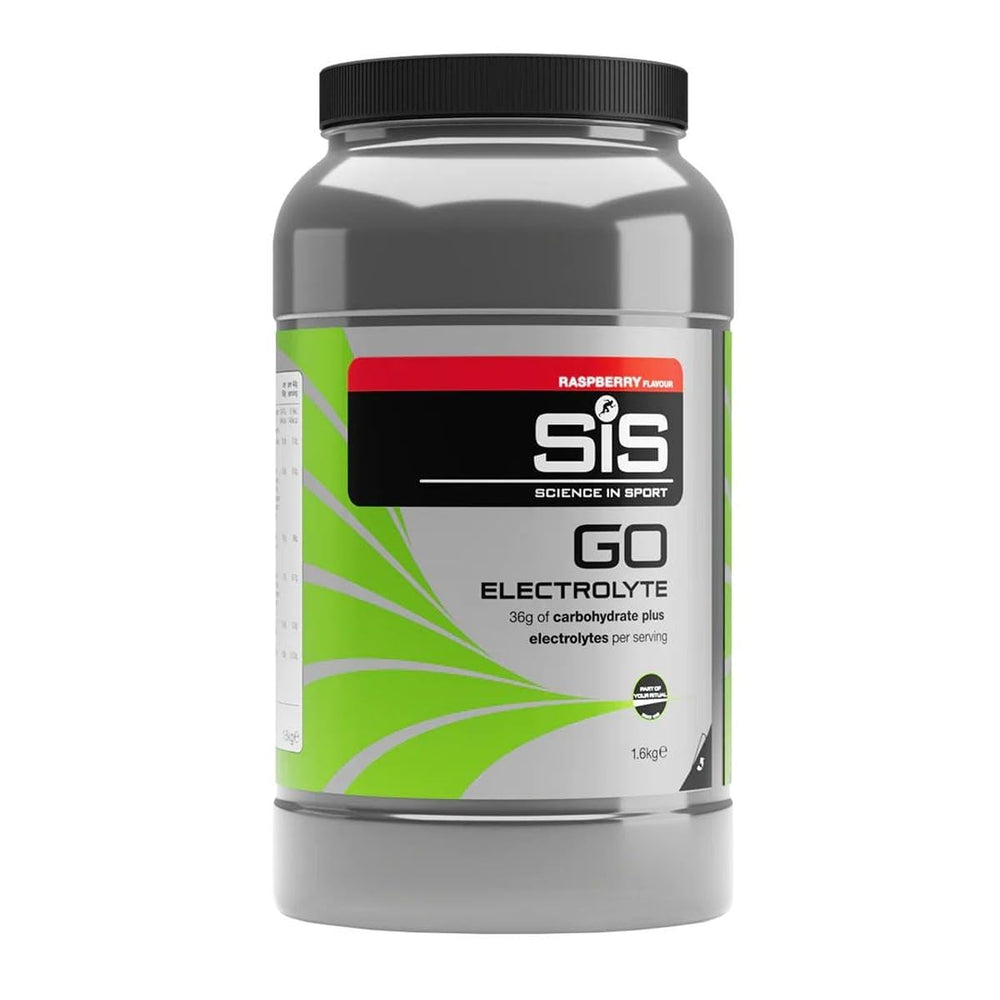 Science in Sport SIS Powder GO Electro Raspberry tub for balanced electrolytes and energy.