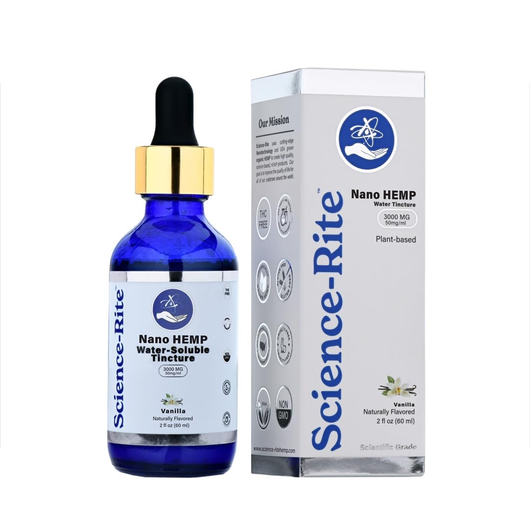 Science-Rite Nano drops bottle showcases fast-acting hemp solution.