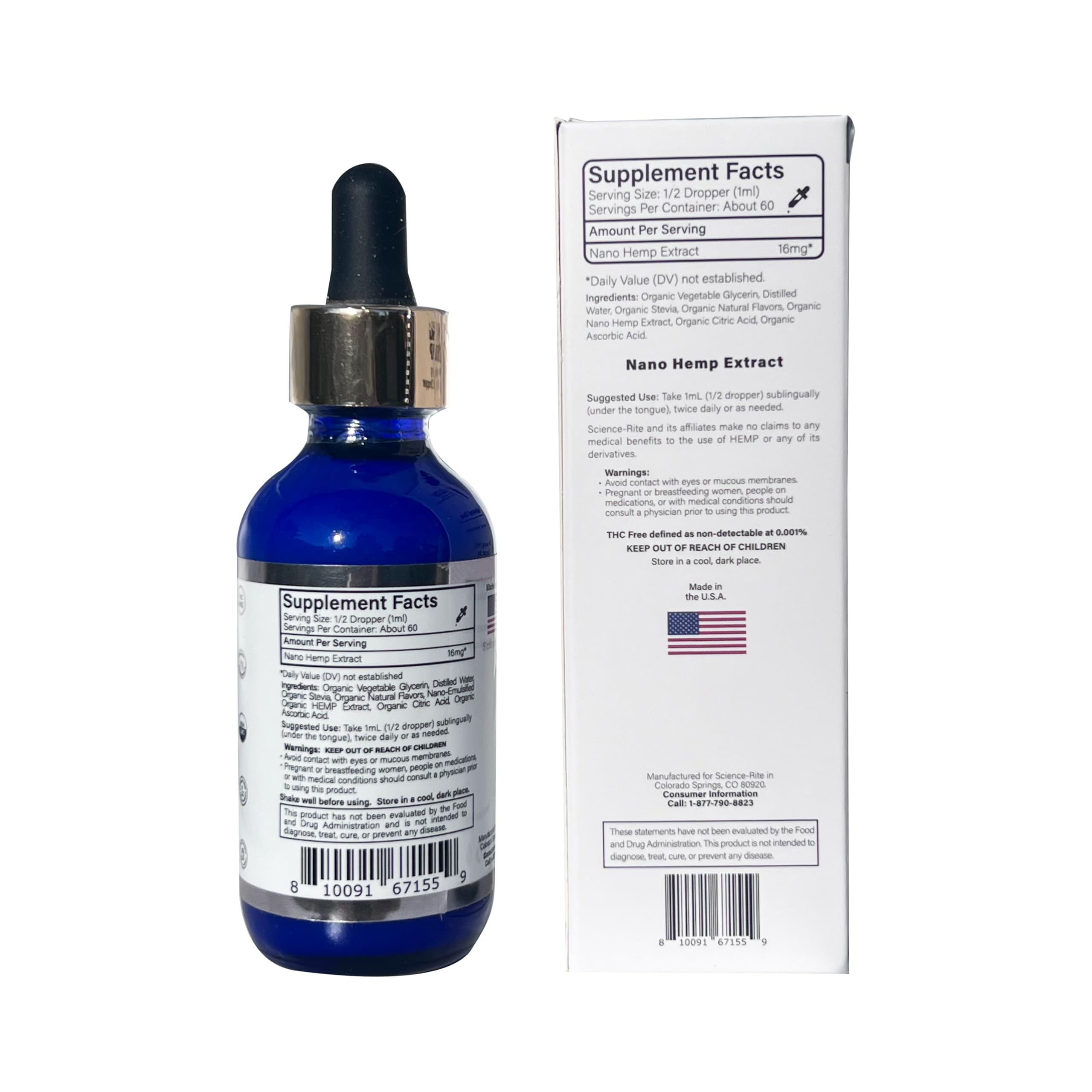 Science-Rite Nano Water-Soluble Hemp drops packaging box with product details