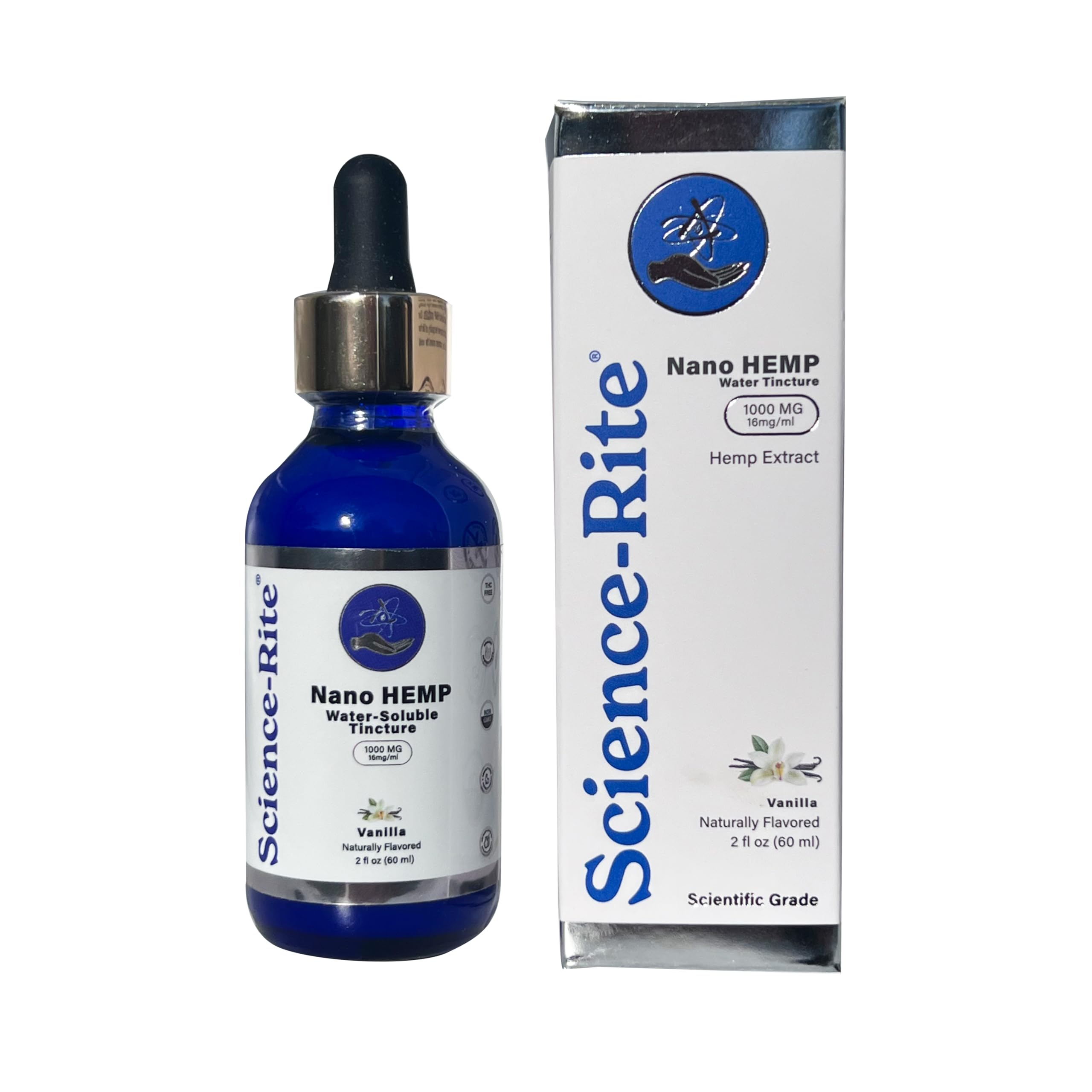 Science-Rite Nano Water-Soluble Hemp drops vanilla flavor label highlights pleasant taste