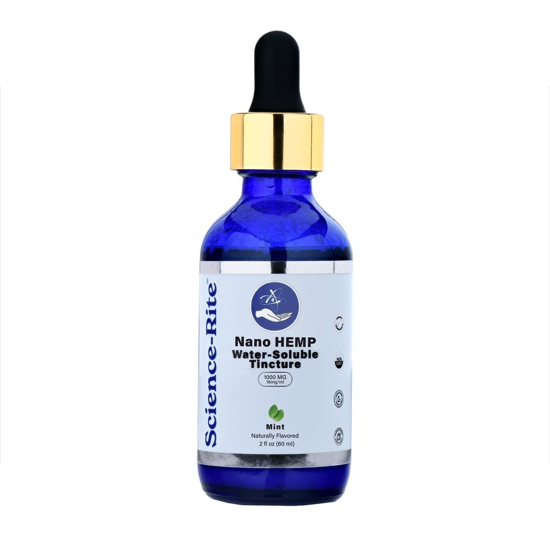 Science-Rite Nano Water-Soluble Hemp bottle showcases mint flavor for fast daily relief.