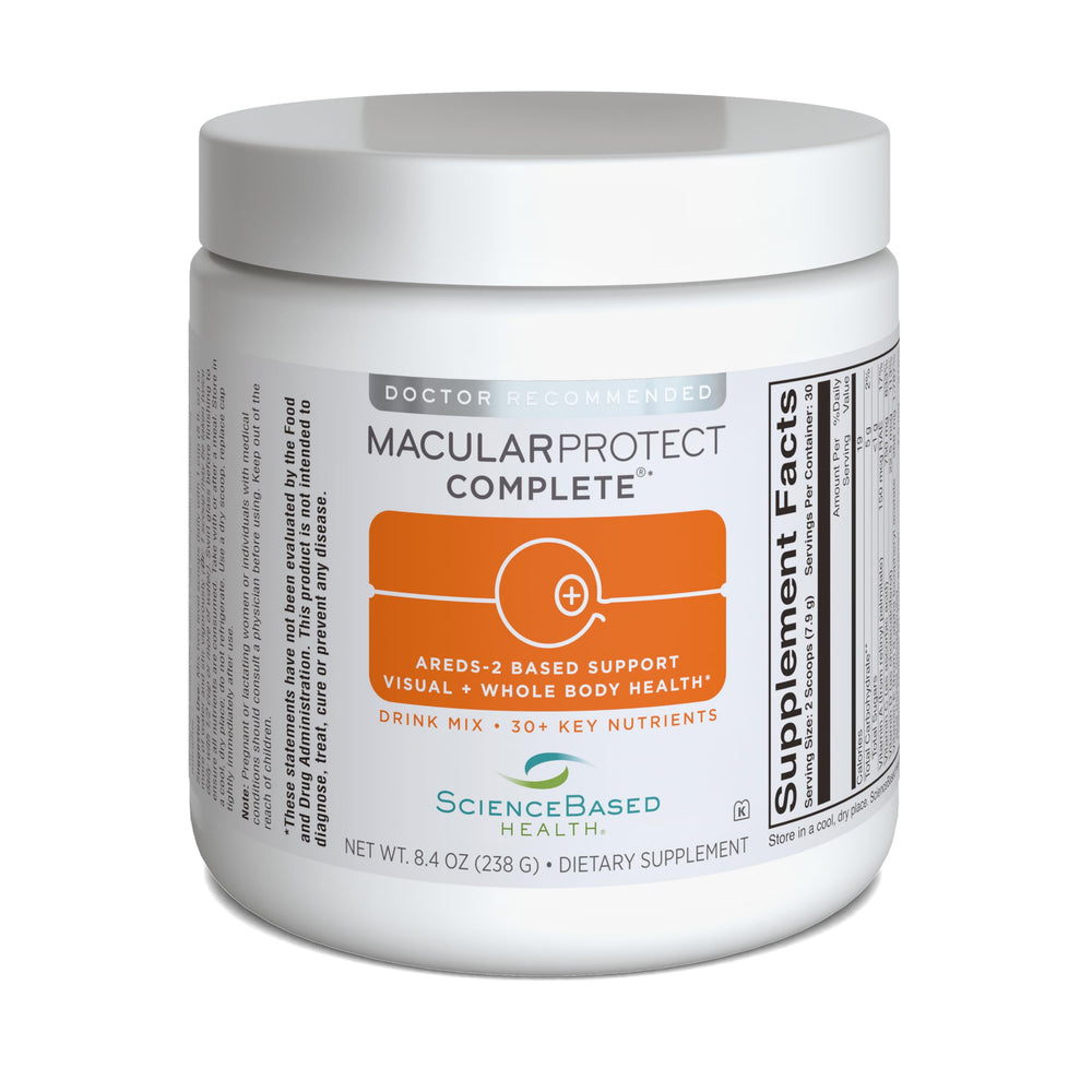 ScienceBased Health MacularProtect Orange Drink Mix tub showing convenient eye health support