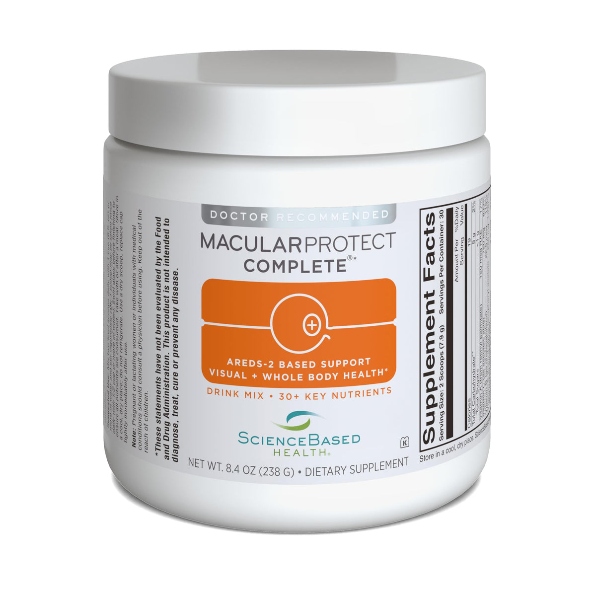 ScienceBased Health MacularProtect Orange Drink Mix tub showing convenient eye health support