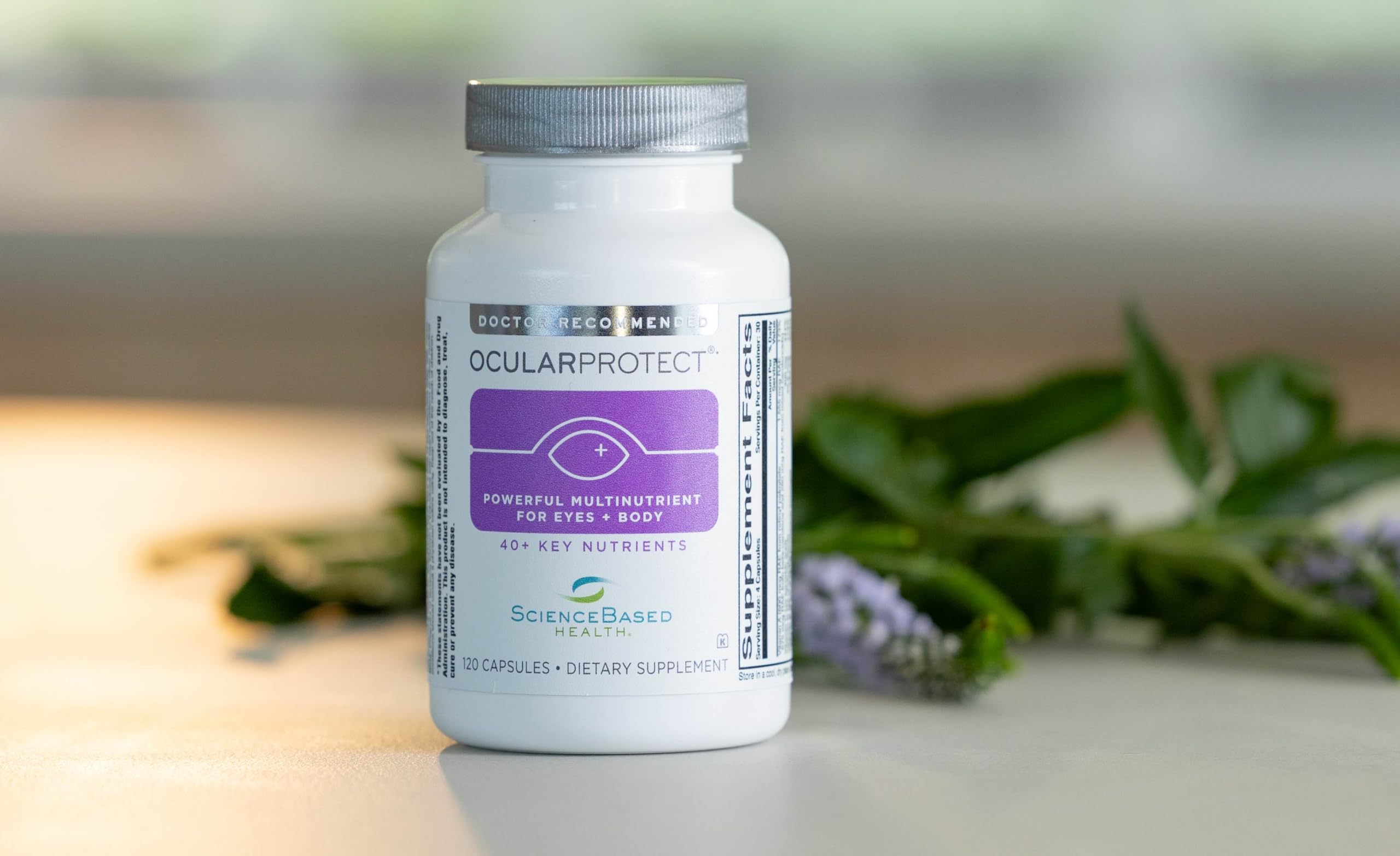 ScienceBased Health OcularProtect capsules on a counter for convenient daily nutrition.
