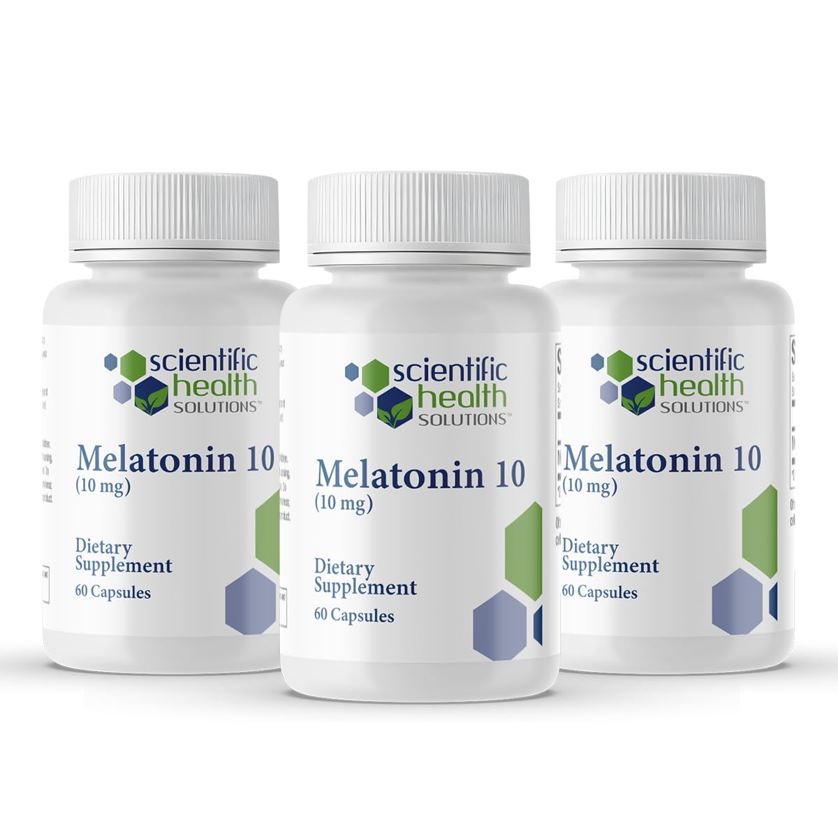 Scientific Health Solutions Melatonin 10mg bottle with easy-to-swallow capsules for nightly use.