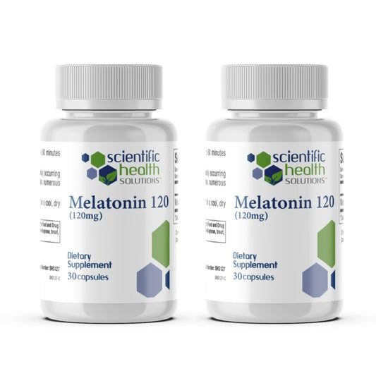 Scientific Health Solutions Melatonin 120mg 2-pack bottle supports relaxation before sleep.