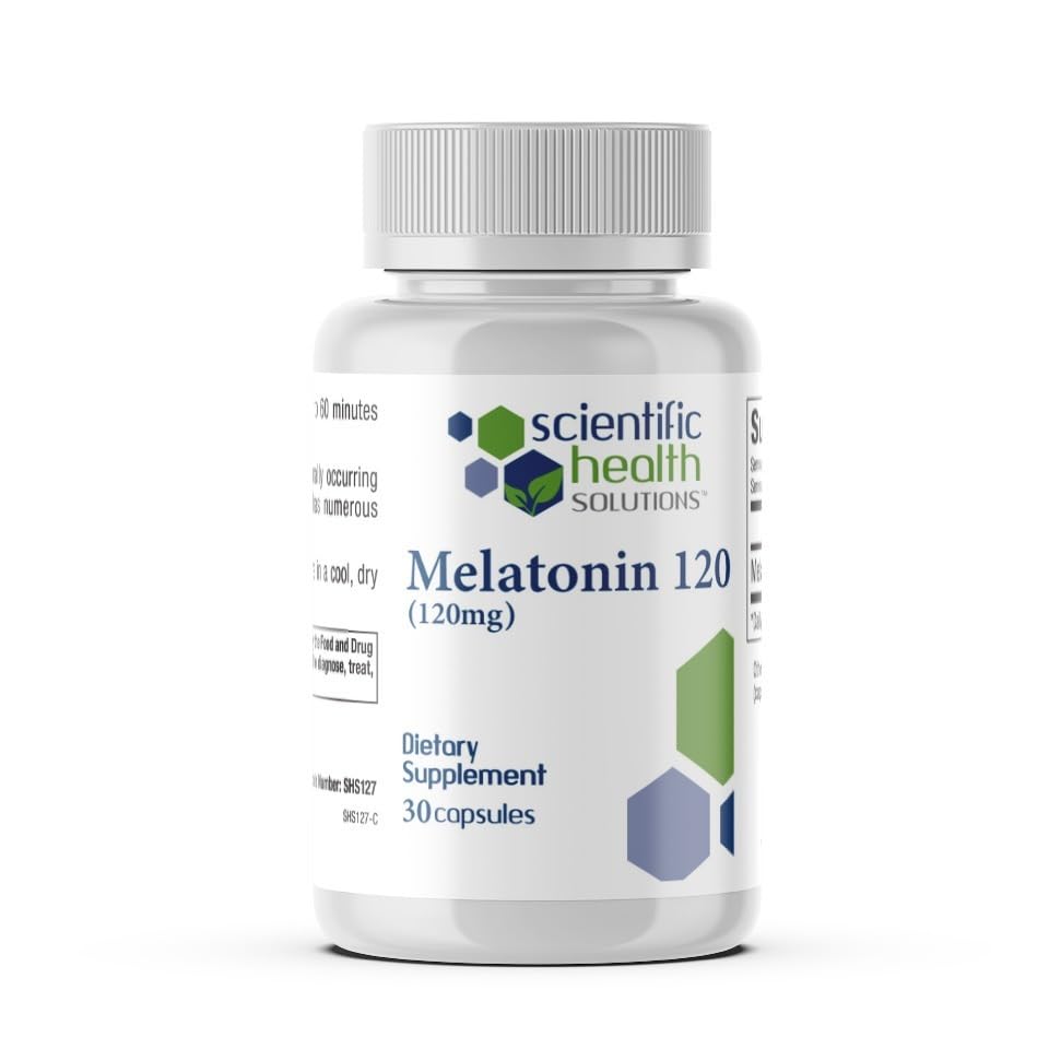 Scientific Health Solutions melatonin 120mg bottle cap showing easy-to-swallow capsule design for bedtime routine.