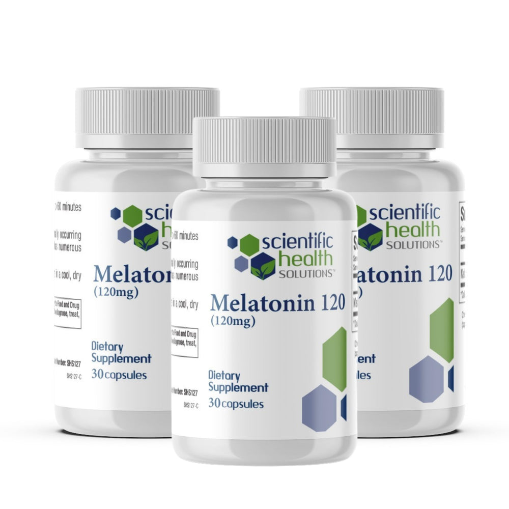 Scientific Health Solutions Melatonin 120mg bottle supports a calm, ready-for-sleep routine.