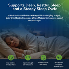 Scientific Health Solutions Melatonin 20mg capsules close-up for reliable nightly dosing.