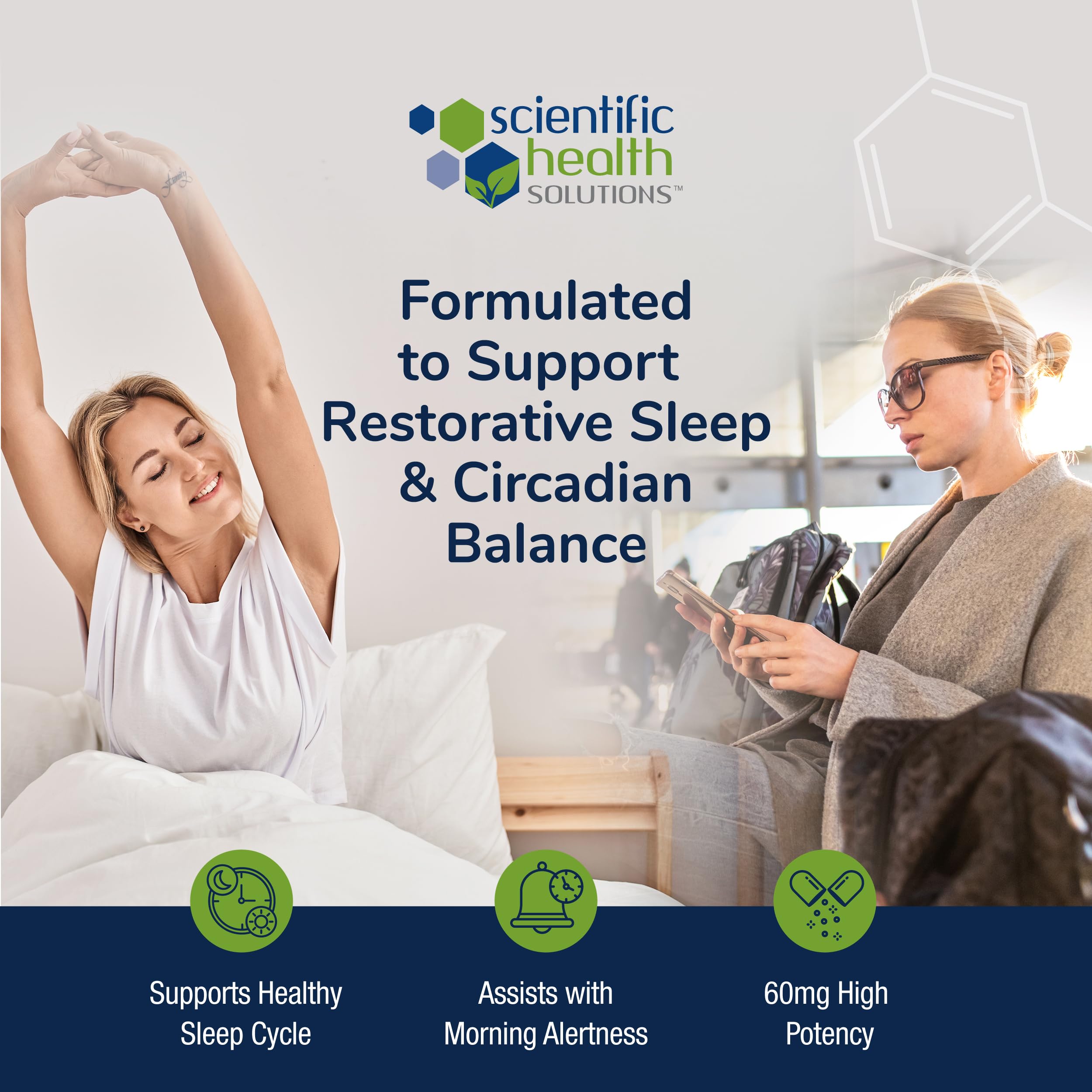 Scientific Health Solutions Melatonin capsules close-up showing easy-to-swallow form.