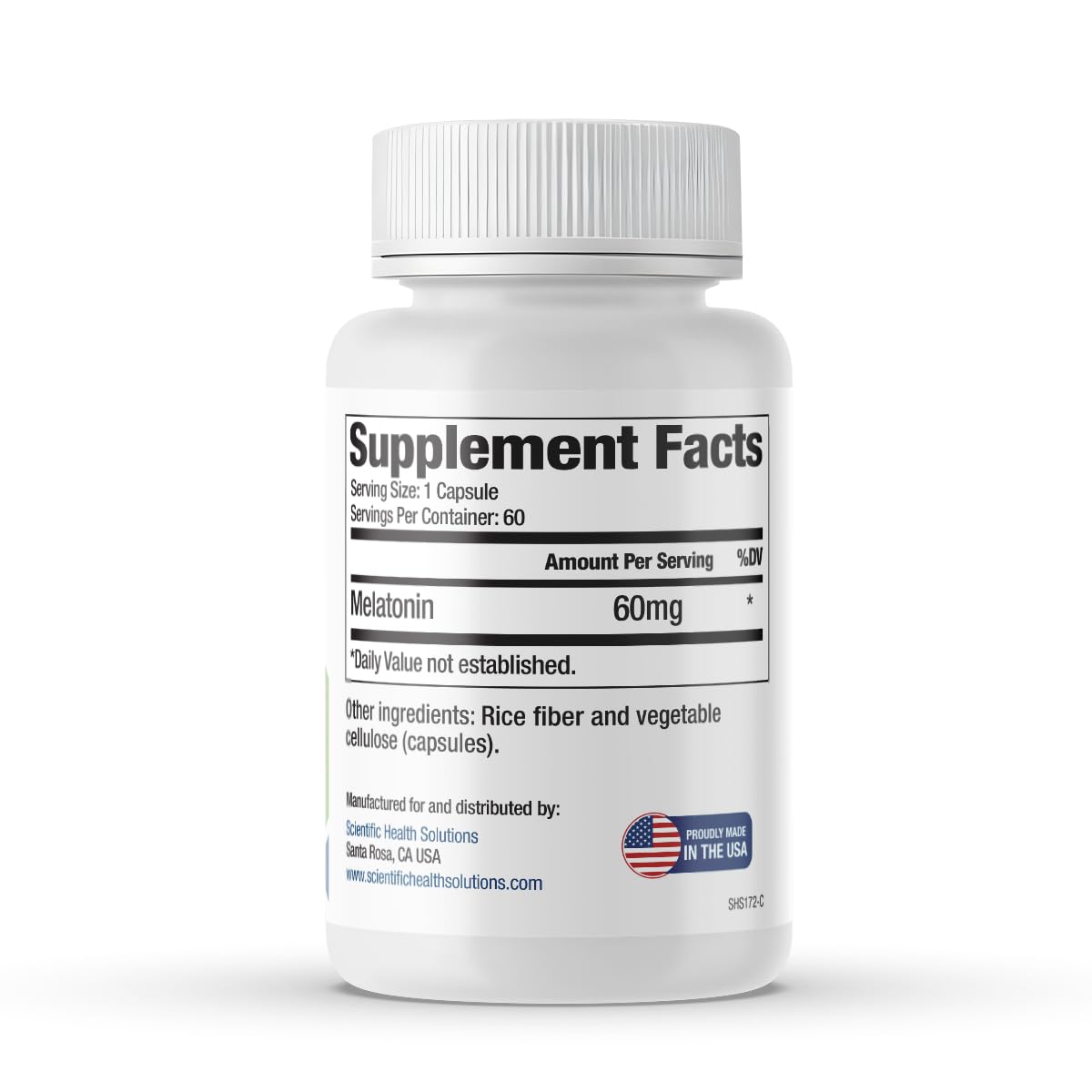 Scientific Health Solutions Melatonin made in USA label conveys quality and domestic production.