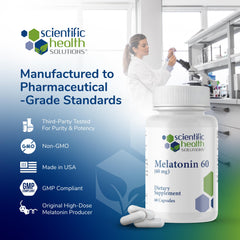 Scientific Health Solutions Melatonin non-GMO icon suggests clean, trusted formulation.