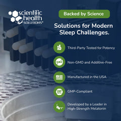 Scientific Health Solutions melatonin image with GMP badge communicates quality manufacturing.