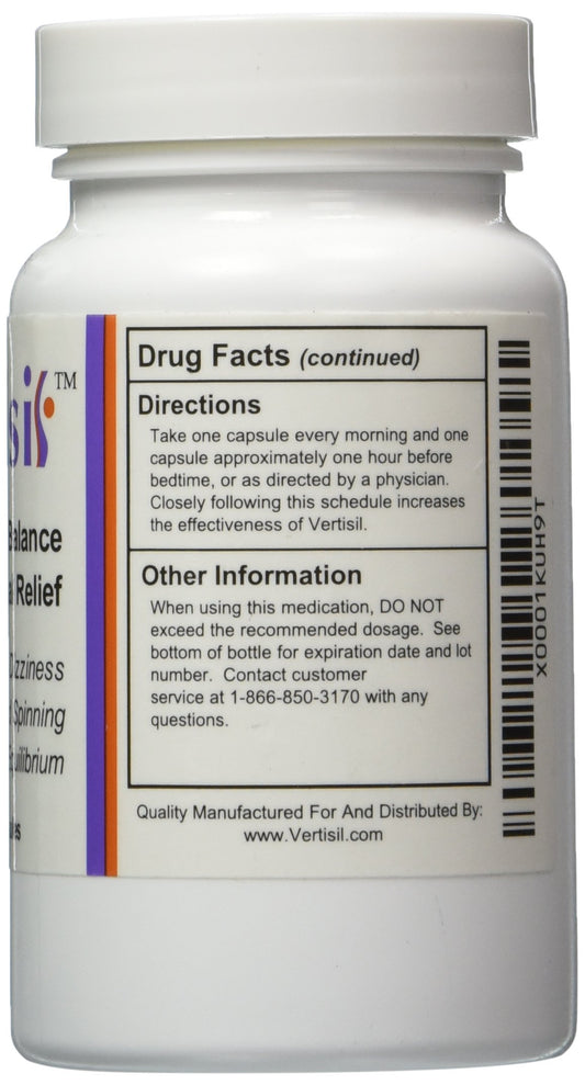 Scientific Health Vertisil bottle back label, usage guidance for vertigo symptoms.