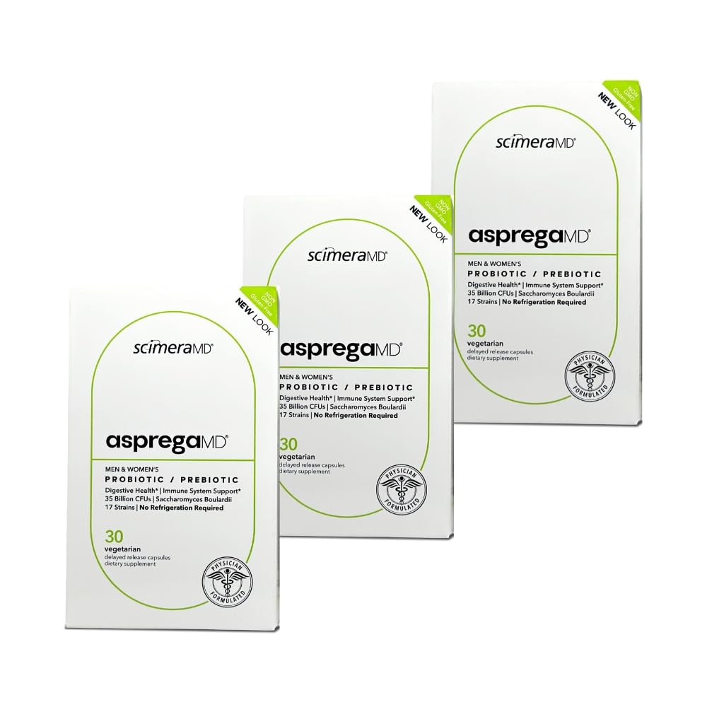 Asprega by Scimera Bioscience bottle front shows label with 17 strains for gut support