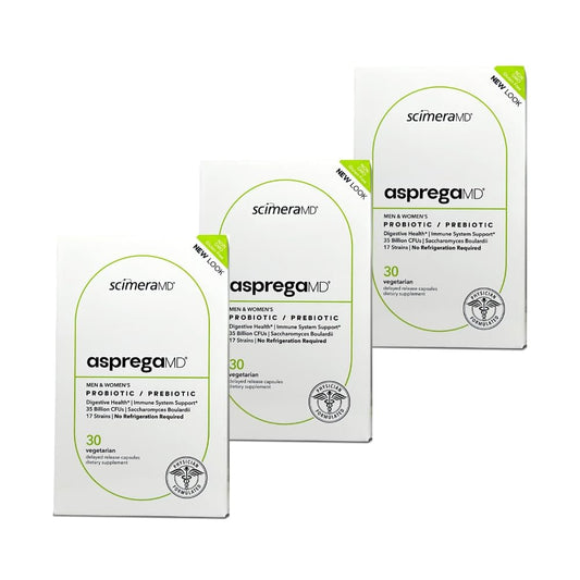 Asprega by Scimera Bioscience bottle front shows label with 17 strains for gut support