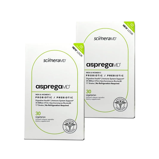 Scimera Bioscience Asprega 30CT bottle front for daily gut support