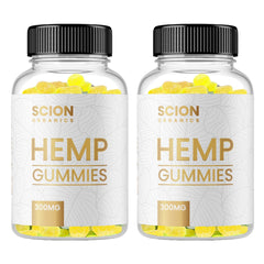 Scion Organics hemp gummies raspberry bottle for daily joint support and flavor.