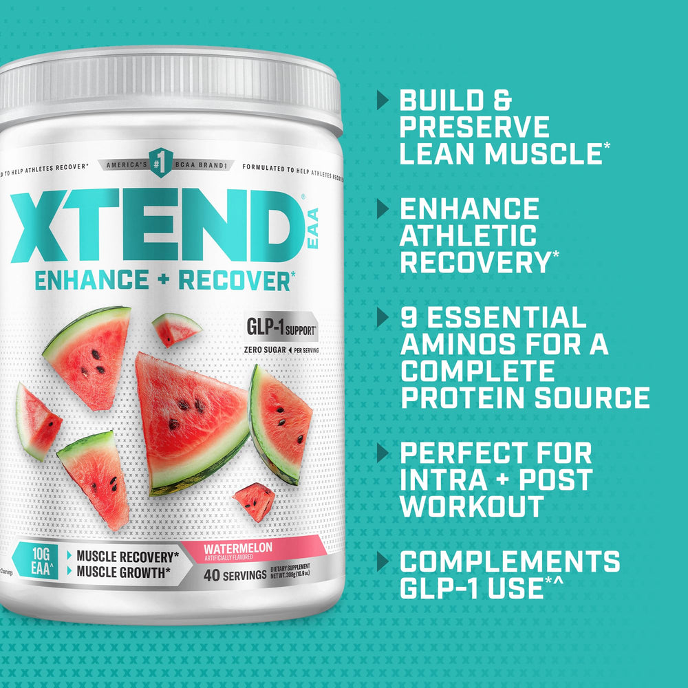 Scivation XTEND EAA label close-up highlights nine essential amino acids