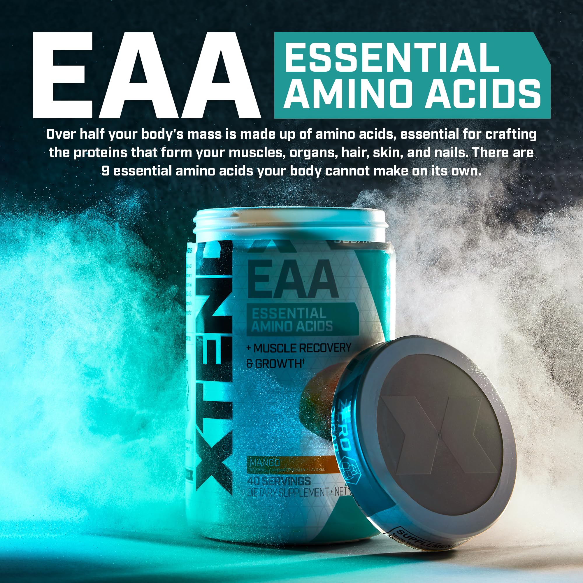 Front packaging of Scivation Xtend EAA shows sugar-free formula and 9 essential amino acids.