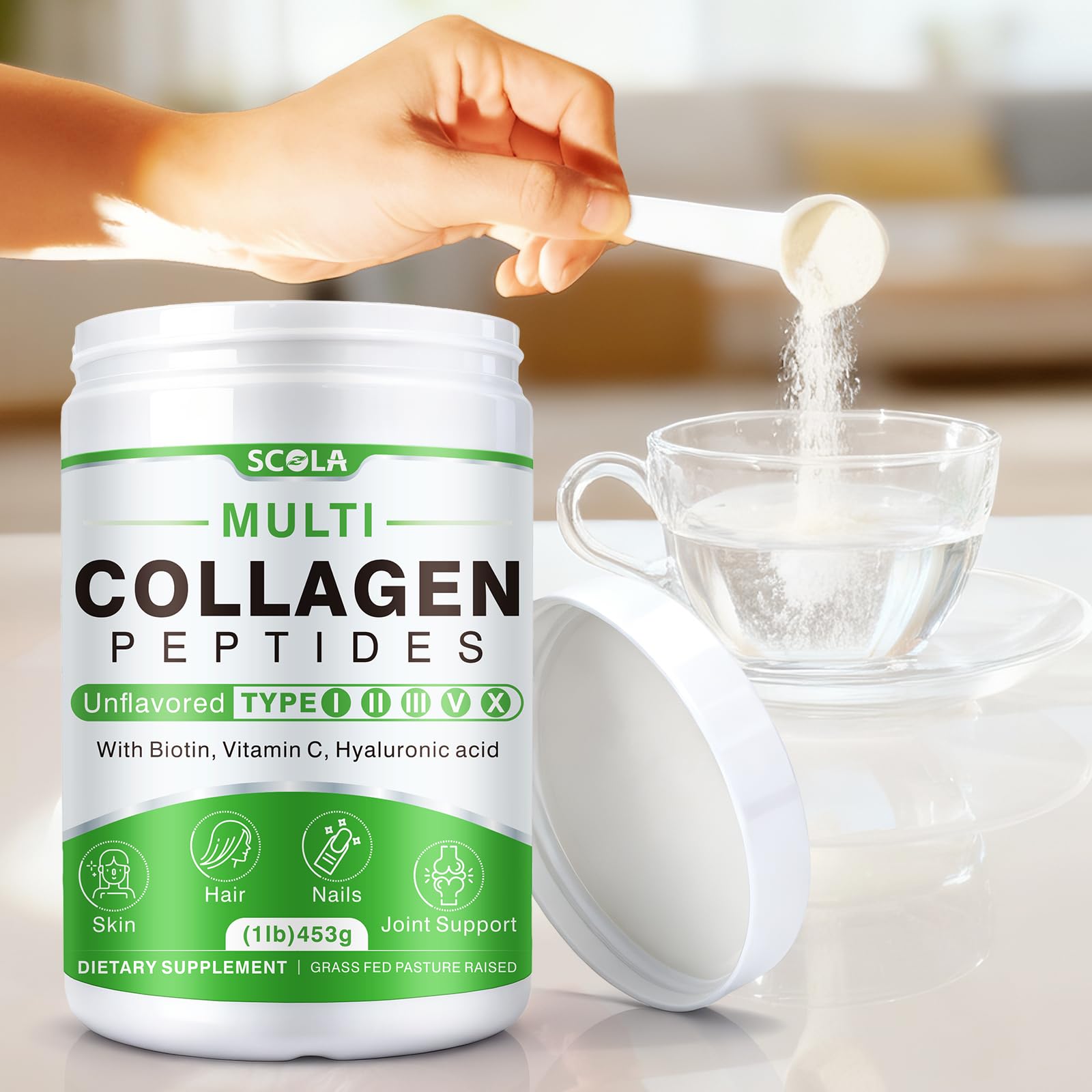 SCOLA collagen peptides stirred into coffee for a morning boost