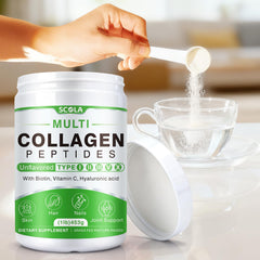 SCOLA collagen peptides stirred into coffee for a morning boost