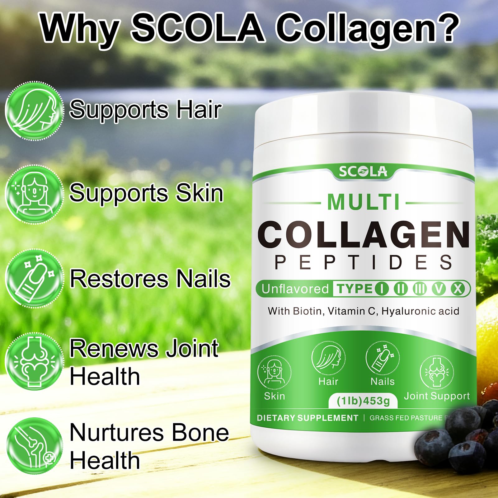 SCOLA collagen peptides scoop measuring a 10 g serving