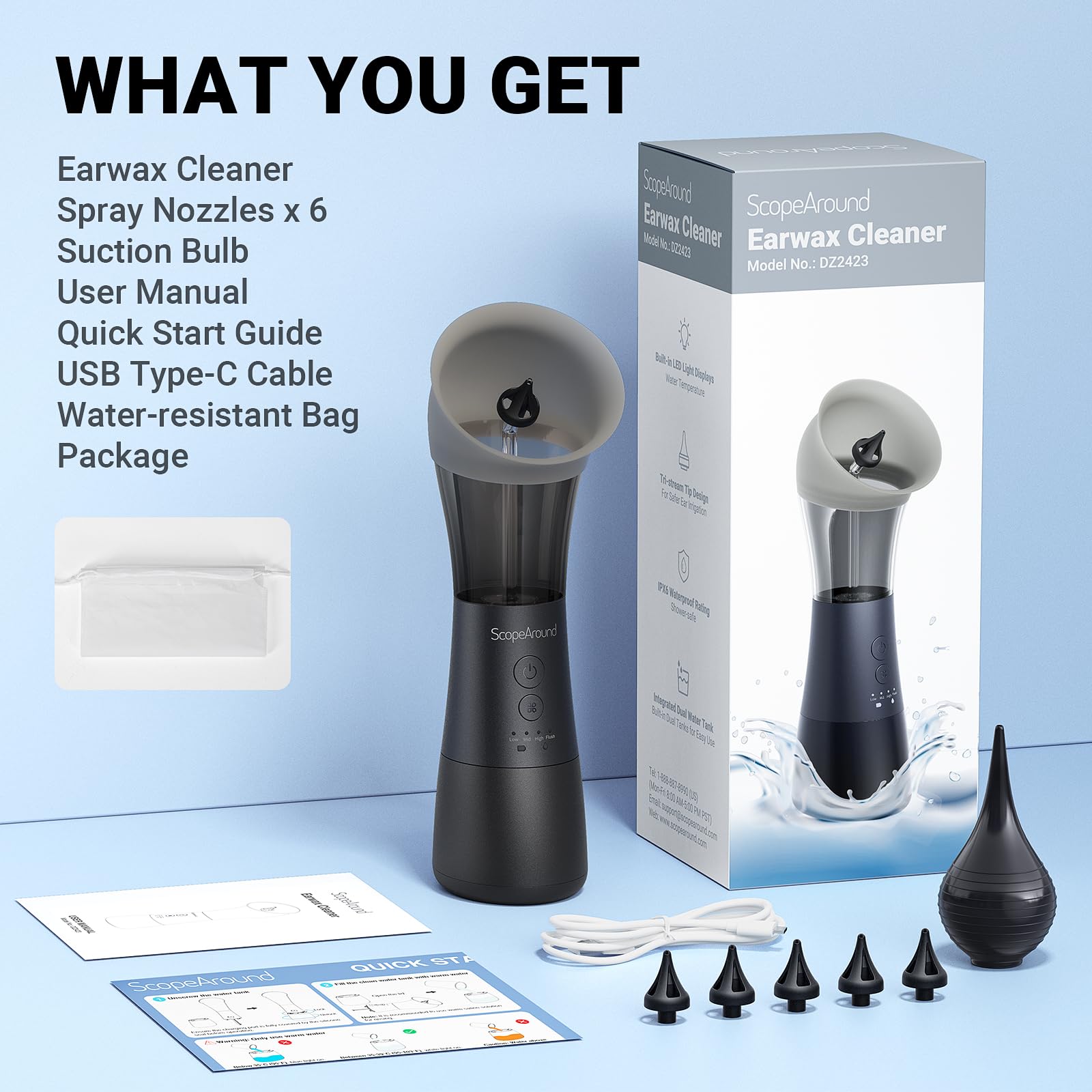 Six-nozzle system supports safe, effective ear cleaning at home or away.