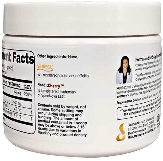 Pouring Script Essentials Collagen Beauty Powder into a glass for easy mixing.
