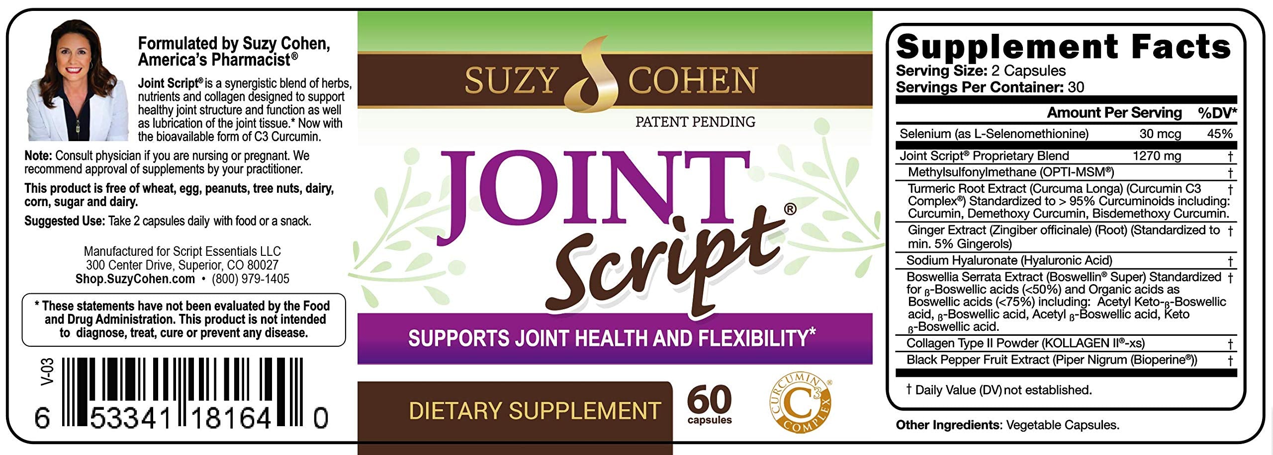 Script Essentials Suzy Cohen Joint Script product shot emphasizes transparency and routine use