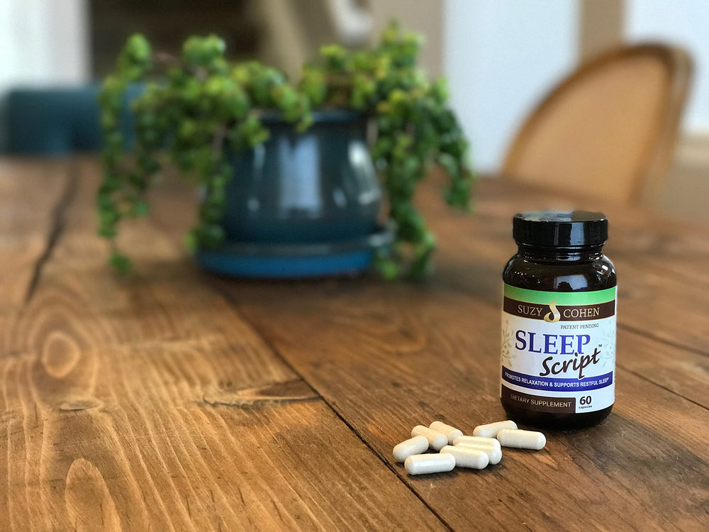 Script Essentials Sleep Script capsules on a nightstand for smoother bedtimes