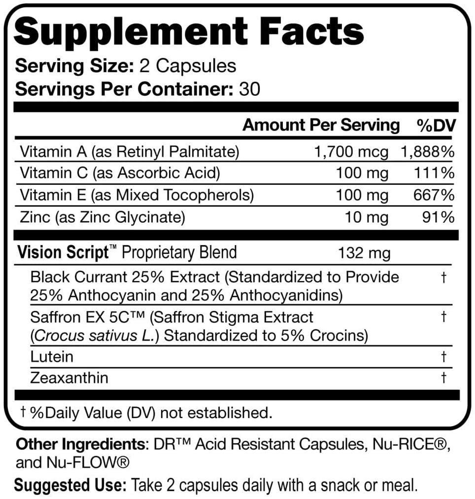 Script Essentials Vision Script capsules closeup showing lutein and zeaxanthin for macular nourishment.