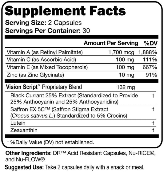 Script Essentials Vision Script capsules closeup showing lutein and zeaxanthin for macular nourishment.