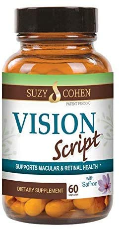 Script Essentials Vision Script saffron bottle highlighting antioxidant support for eye comfort.