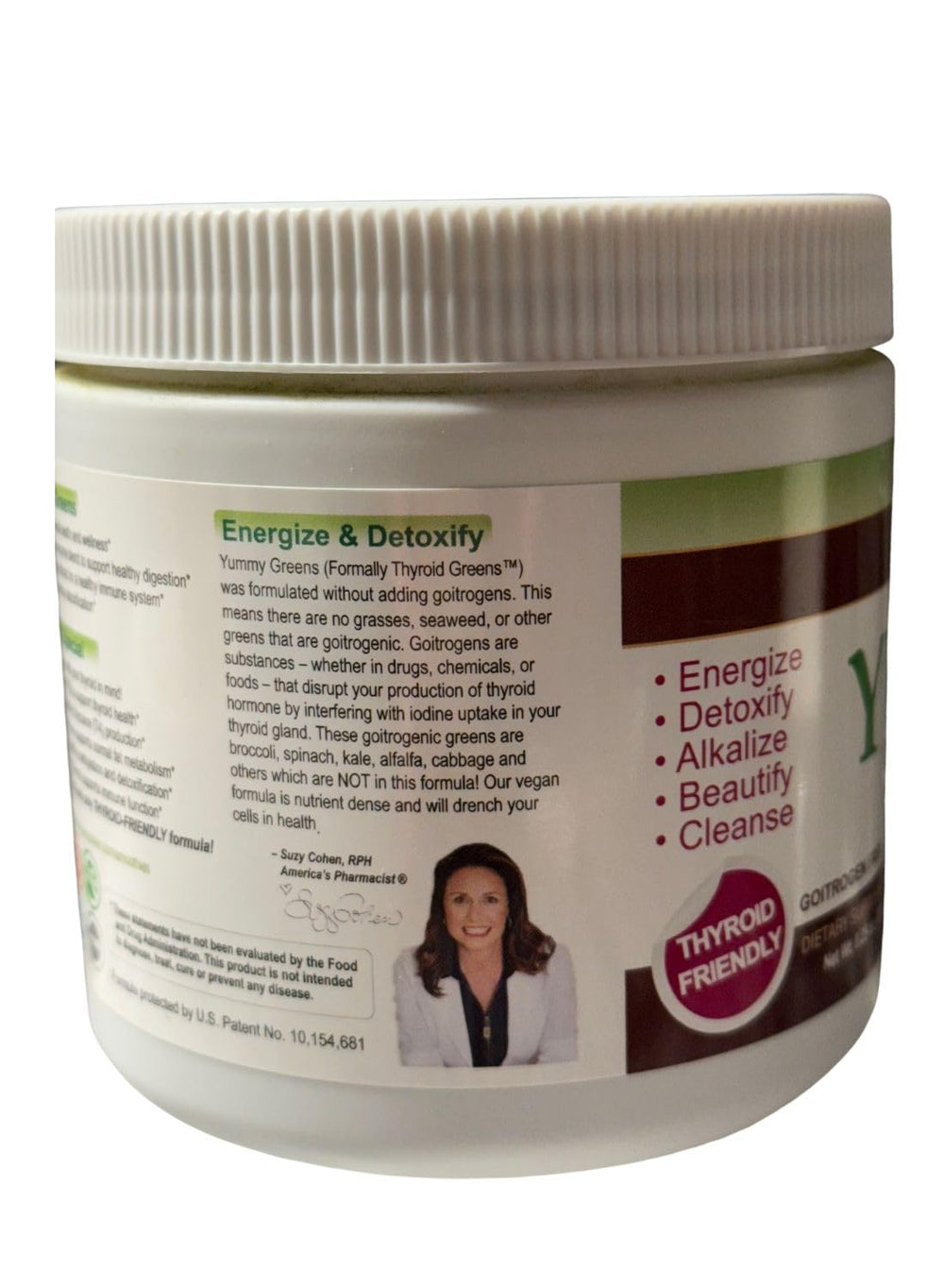Script Essentials Yummy Greens ingredients panel highlights sea lettuce and acai