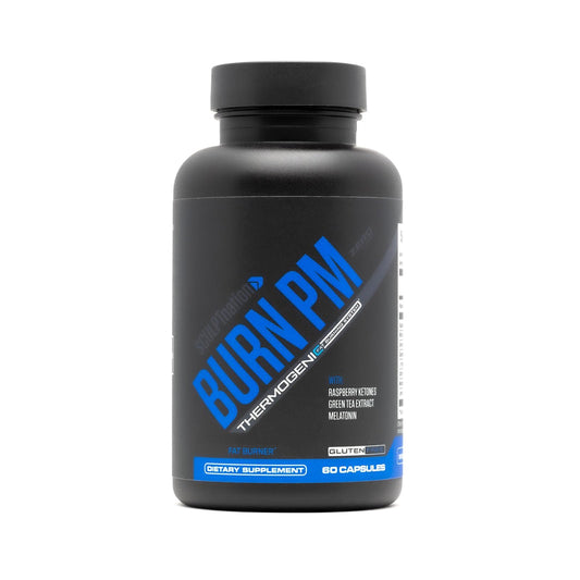 Sculpt Nation Burn PM bottle on nightstand for night-time fat burning support
