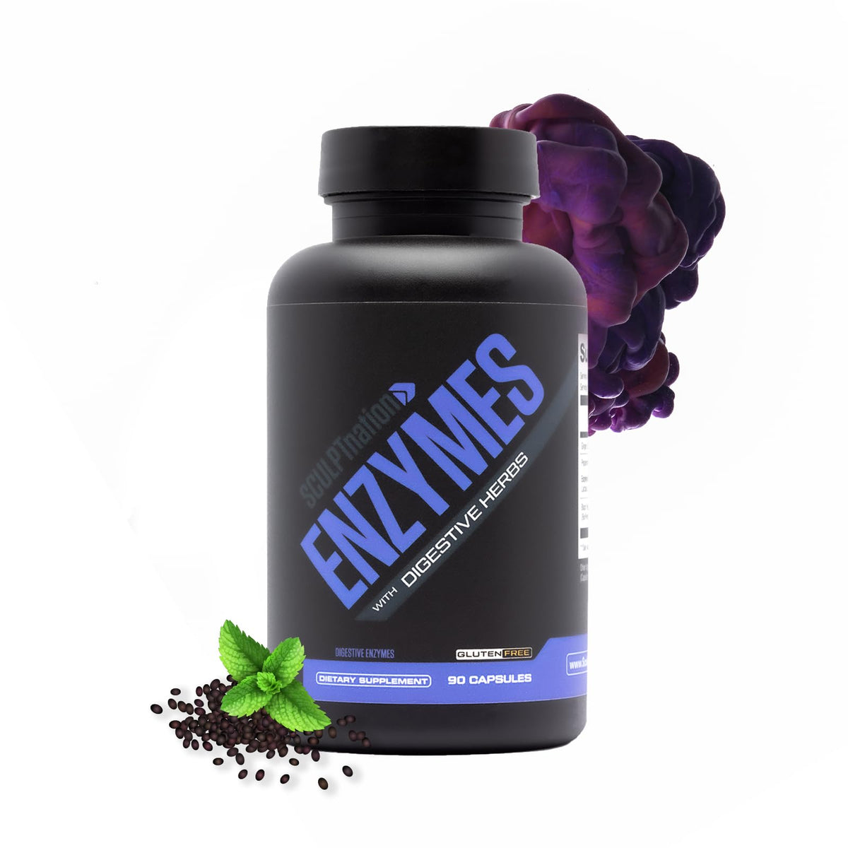 Sculpt Nation Digestive Enzymes bottle cap closeup highlighting gluten-free capsules for digestion support.