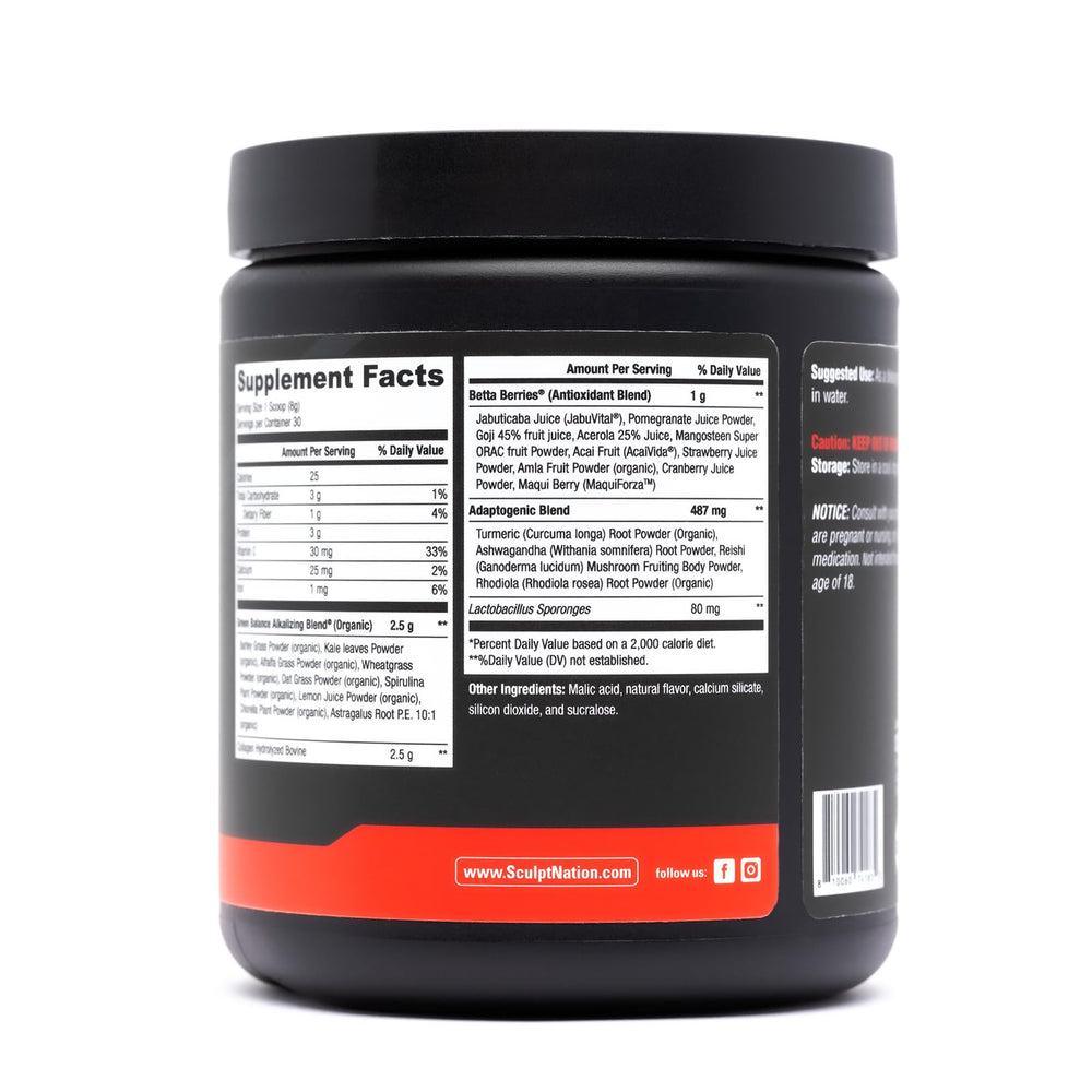 Sculpt Nation Greens Strawberry close-up highlighting collagen for beauty-friendly benefits