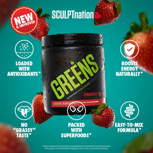 Sculpt Nation Greens Strawberry being poured into a glass for easy nutrition