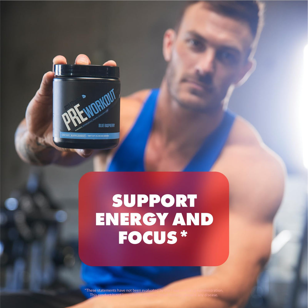 Sculpt Nation PreWorkout blue raspberry powder dissolves easily for a refreshing energy boost.