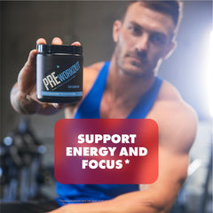 Sculpt Nation PreWorkout blue raspberry powder dissolves easily for a refreshing energy boost.