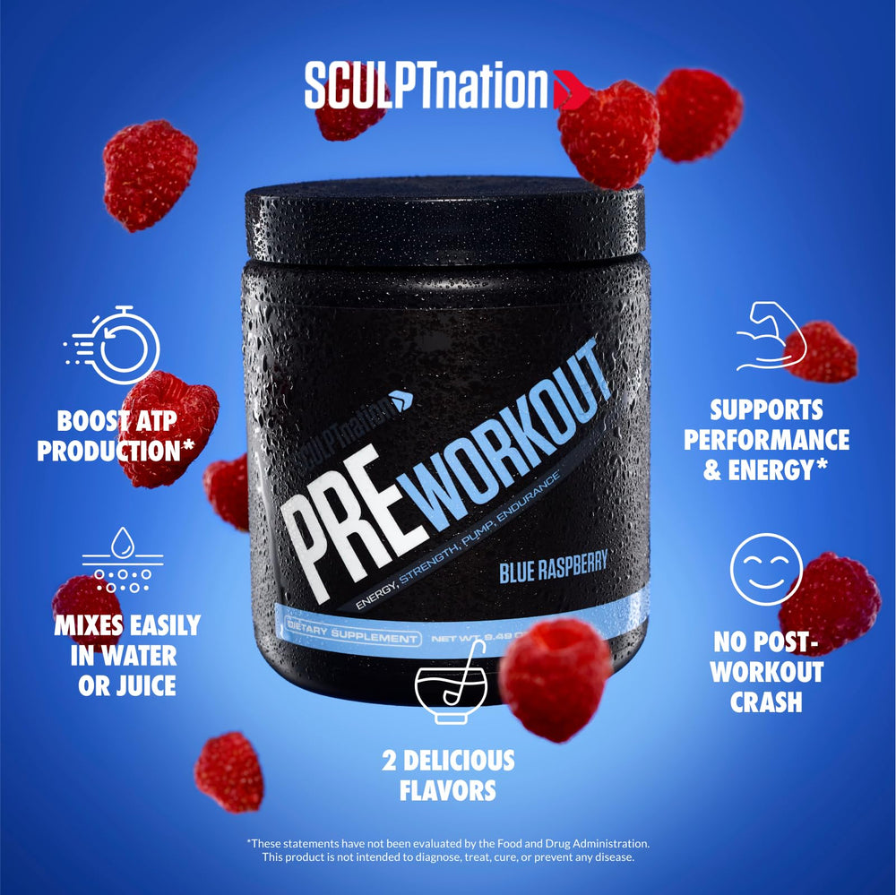 Sculpt Nation preworkout bottle with blue raspberry flavor boosts focus and endurance.