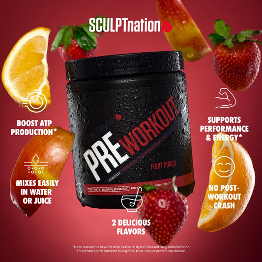 Sculpt Nation PreWorkout Fruit Punch tub side highlighting convenient pre-workout dosing