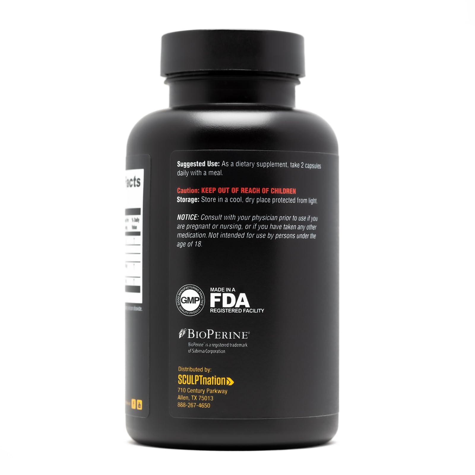 Sculpt Nation Turmeric supplement label closeup with ingredient details.