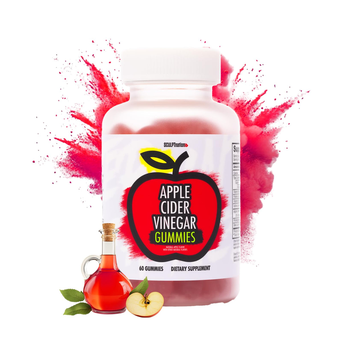 Sculpt Nation V Shred ACV Gummies bottle label close-up highlighting real ingredients and natural flavor