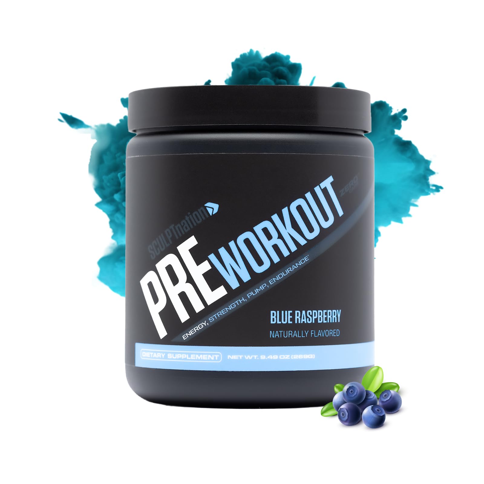 Sculpt Nation V Shred PreWorkout blue raspberry powder in tub ready to mix for sustained energy.
