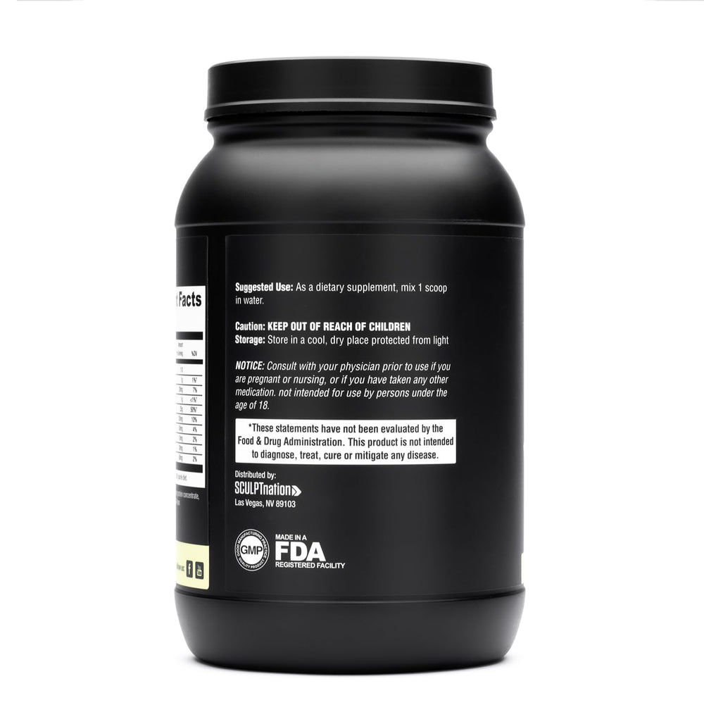 Sculpt Nation vanilla protein tub label noting 30 servings