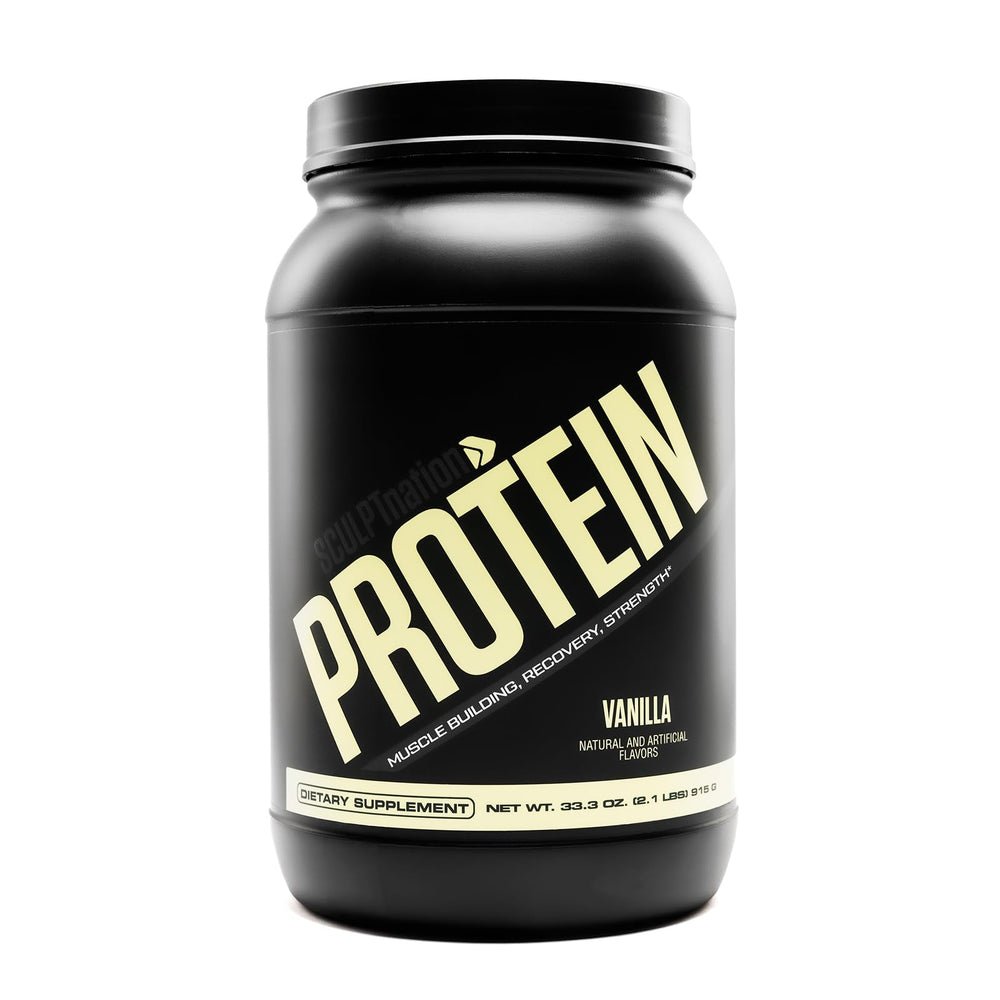 Sculpt Nation vanilla protein tub highlighting premium whey isolate for lean muscle support