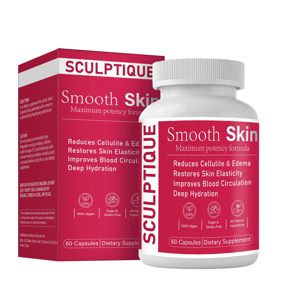 Sculptique smoothing skin capsules bottle promotes smoother skin and elasticity
